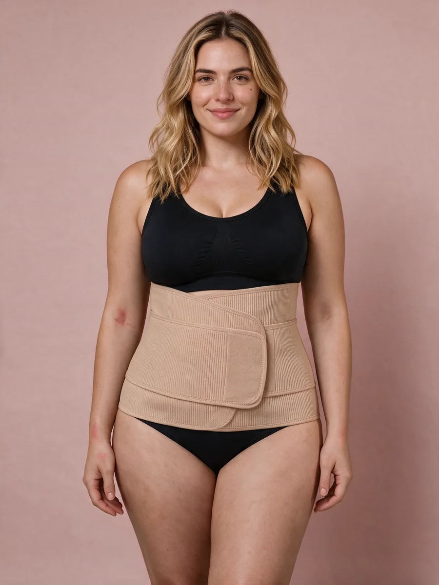 An ordinary beige belly binder worn over the waist